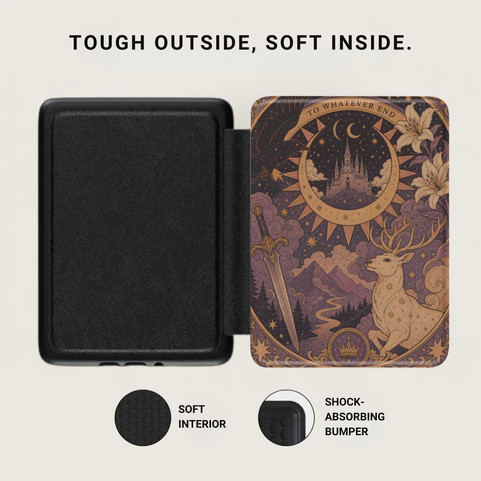 Black case with textured exterior and a celestial deer, castle, and sword design.