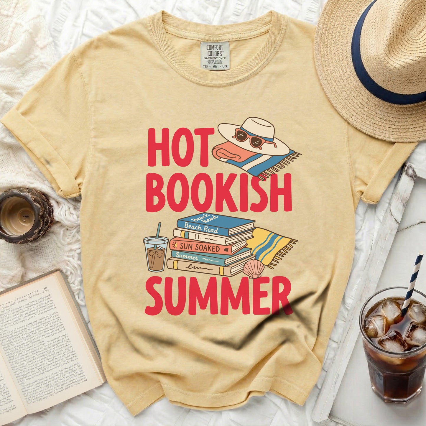 Yellow t-shirt with "Hot Bookish Summer" text and beach read imagery.