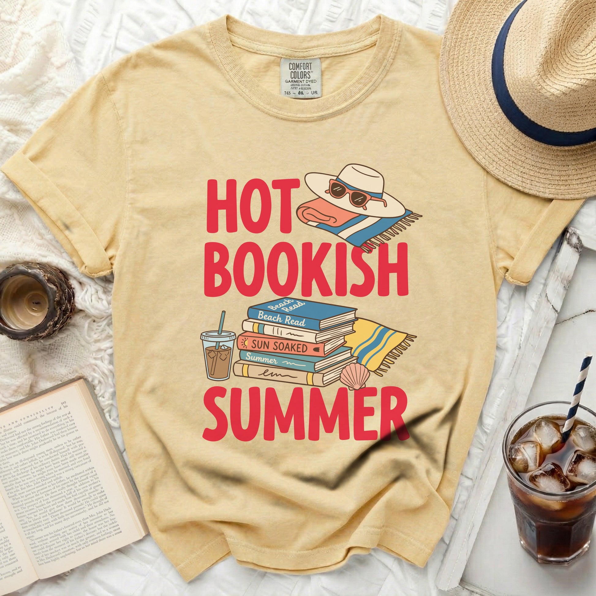 Yellow t-shirt with "Hot Bookish Summer" text and beach read imagery.