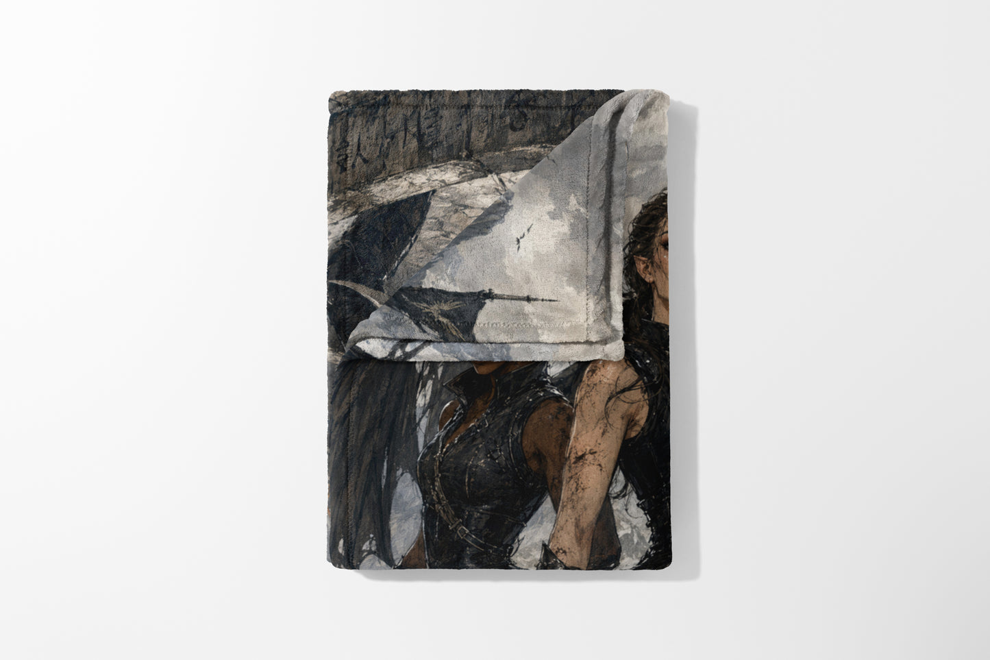 Decorative blanket featuring an impressionistic fantasy art print of two women in armor.