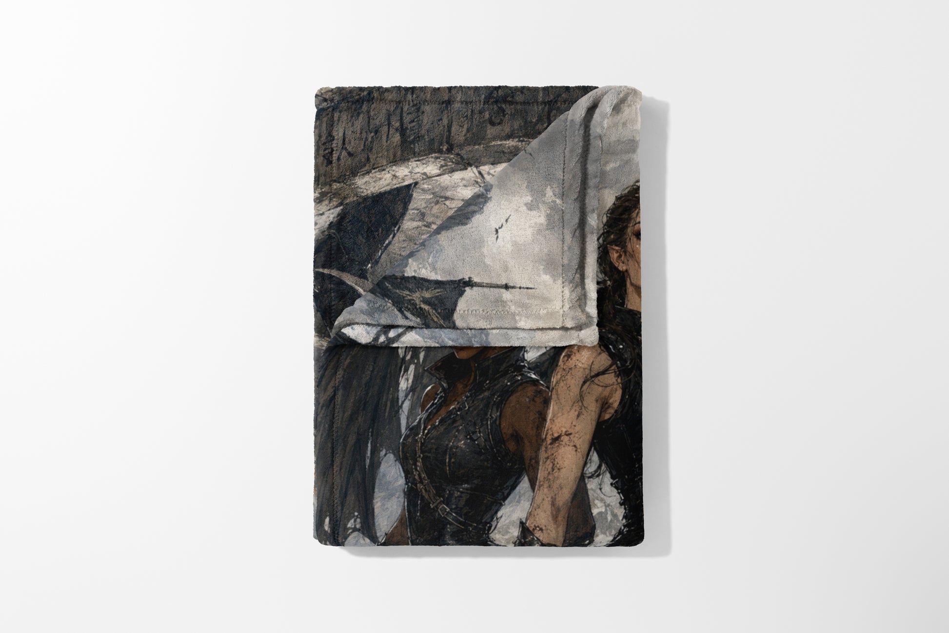 Decorative blanket featuring an impressionistic fantasy art print of two women in armor.