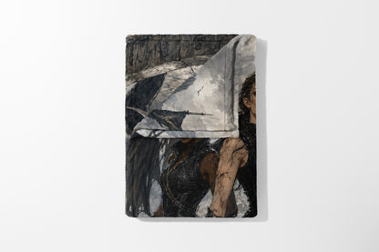 Decorative blanket featuring an impressionistic fantasy art print of two women in armor.