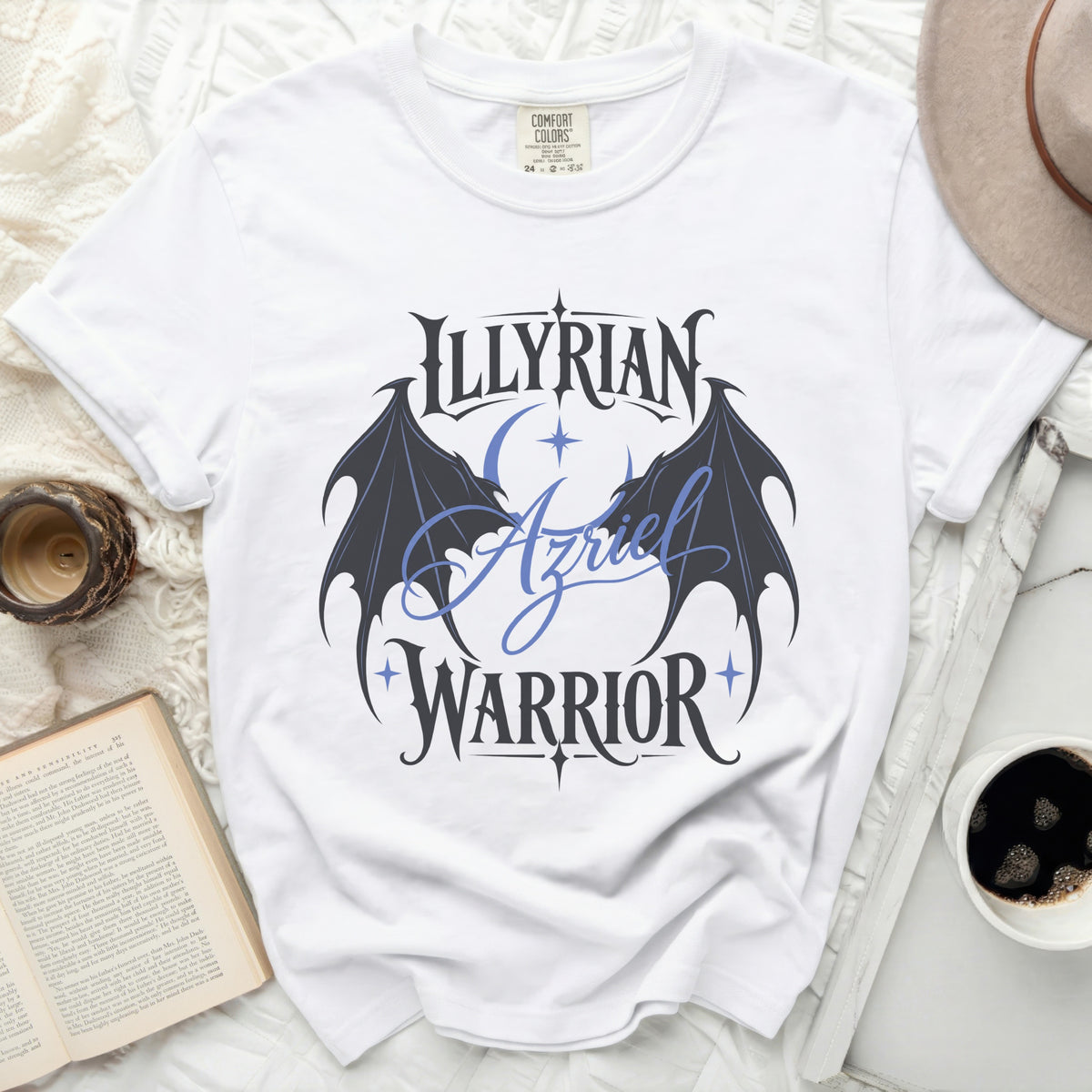 White t-shirt with "ILLYRIAN Azriel WARRIOR" graphic and black wings.