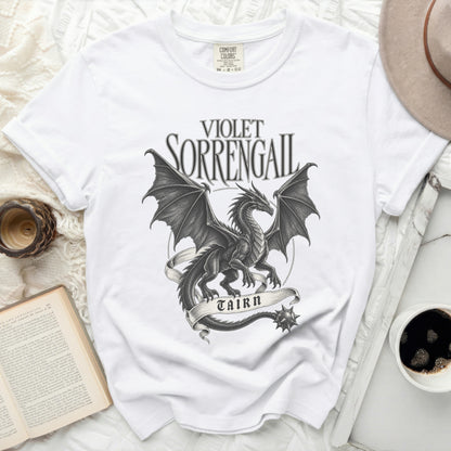 White t-shirt with a black dragon graphic and text "VIOLET SORREANGAIL TAIRN".