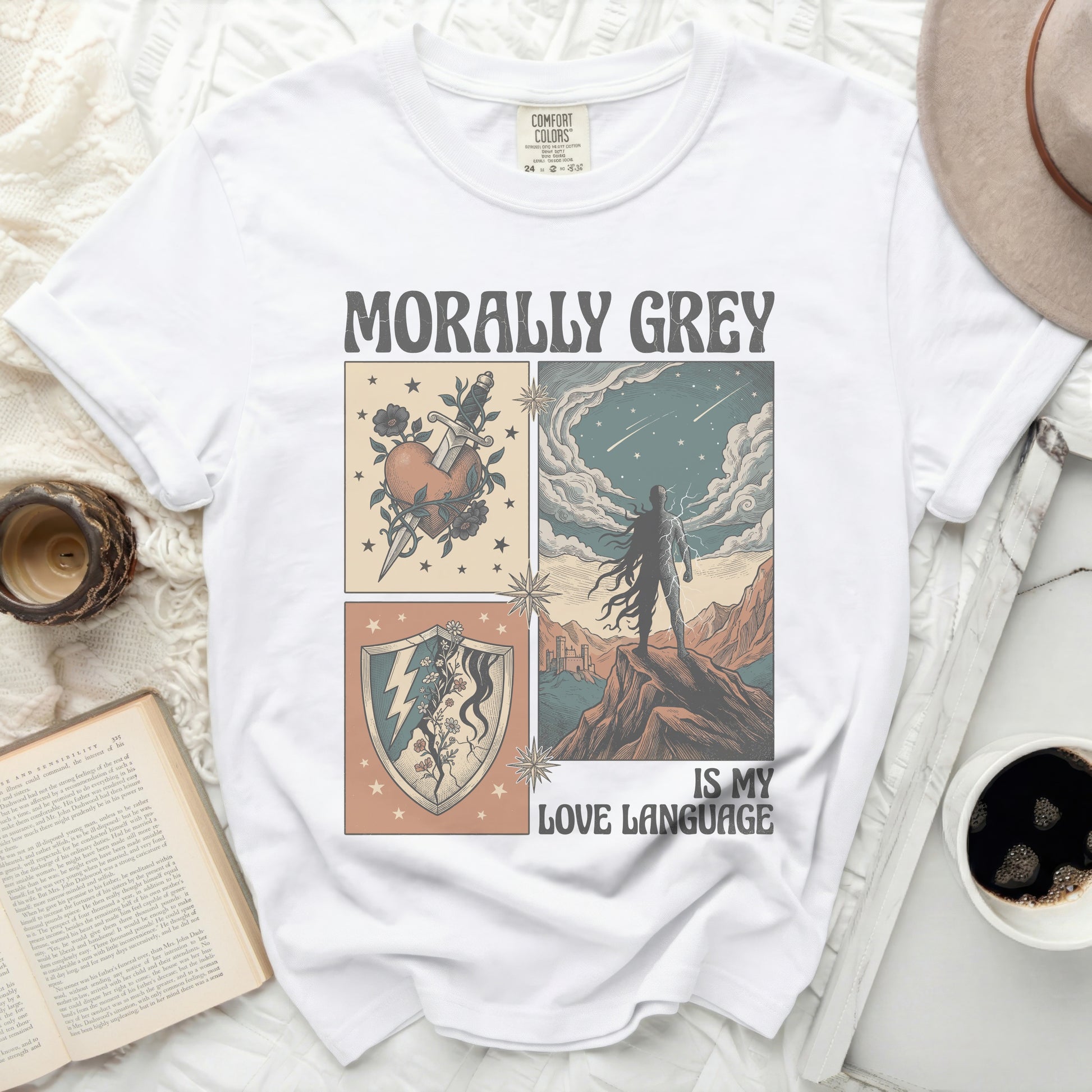 White t-shirt with "Morally Grey is My Love Language" graphic.