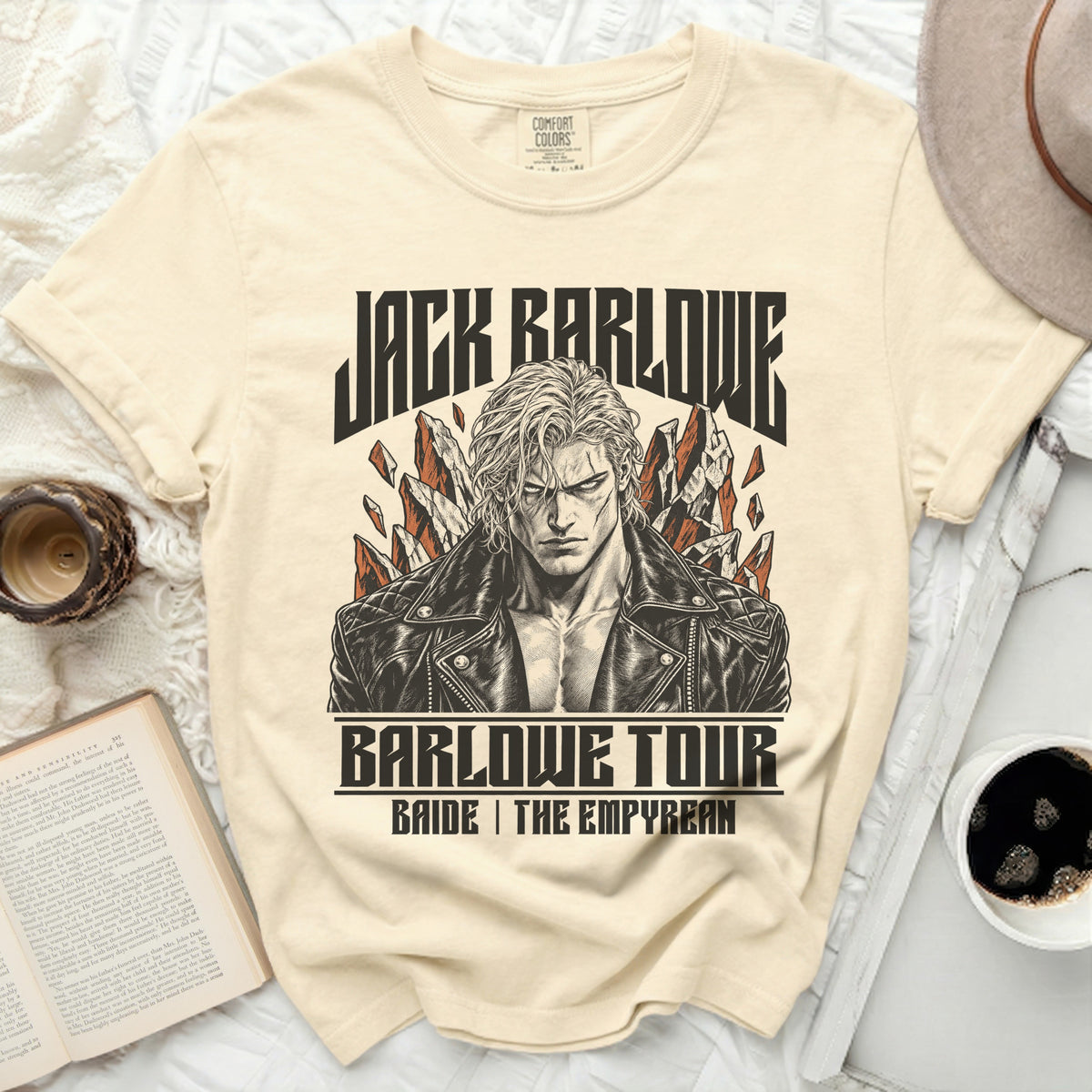 Cream t-shirt featuring "JACK BARLOWE" above a distressed anime-style portrait and "BARLOWE TOUR BAIDE | THE EMPYREAN".