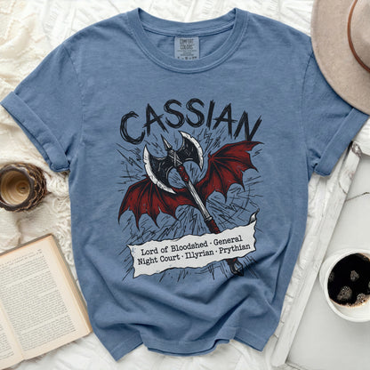 Blue t-shirt with "Cassian", axe, wings, and text "Lord of Bloodshed General Night Court Illyrian Prythian".
