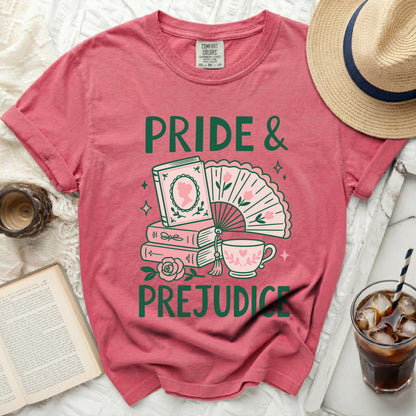 Pink t-shirt with "Pride & Prejudice" text and book graphic.