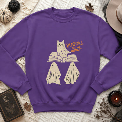 Purple sweatshirt with ghost cat on a book and "Booooks are my therapy" text.