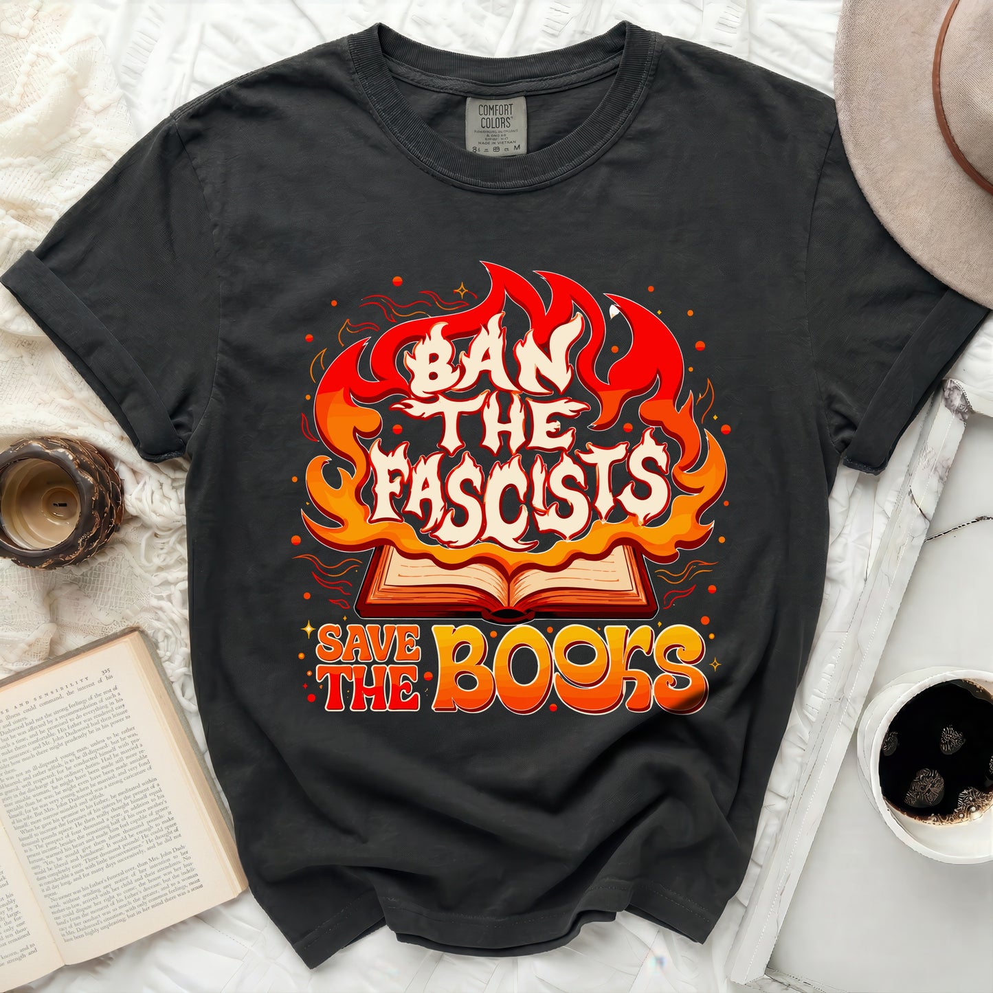 Black t-shirt with "Ban the Fascists Save the Books" graphic and flames.