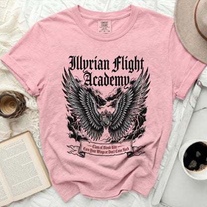 Pink Comfort Colors t-shirt with "Illyrian Flight Academy" graphic and wings.
