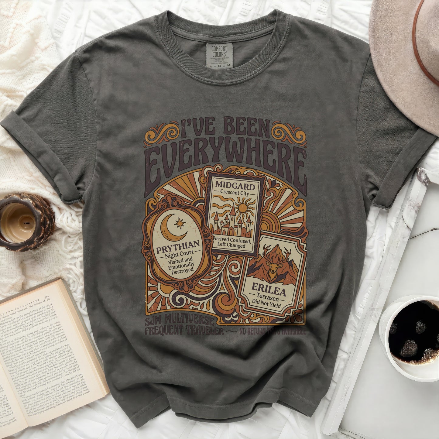 Dark grey t-shirt with "I'VE BEEN EVERYWHERE" text and travel destinations.