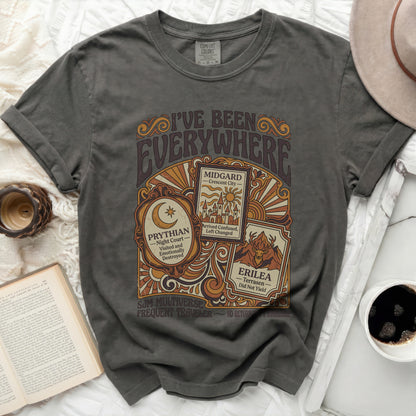Dark grey t-shirt with "I'VE BEEN EVERYWHERE" text and travel destinations.