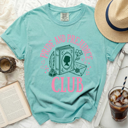 Turquoise t-shirt with "Pride and Prejudice Club" graphic and book design.