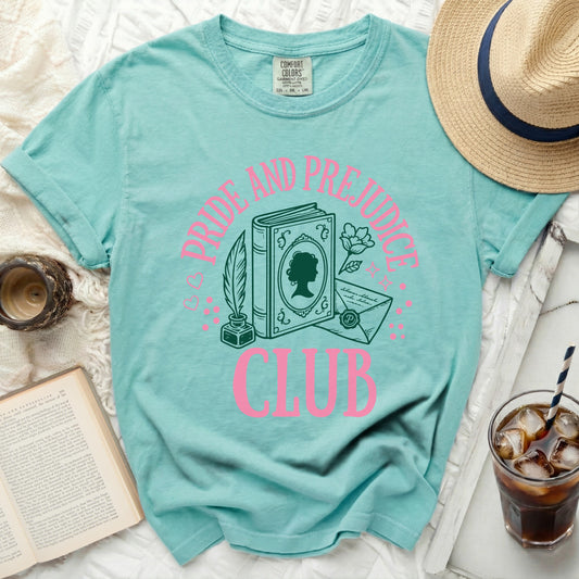Turquoise t-shirt with "Pride and Prejudice Club" graphic and book design.