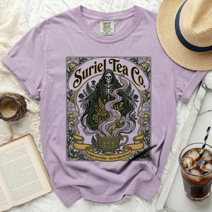 Purple t-shirt with Grim Reaper and teacup graphic, "Suriel Tea Co." text.