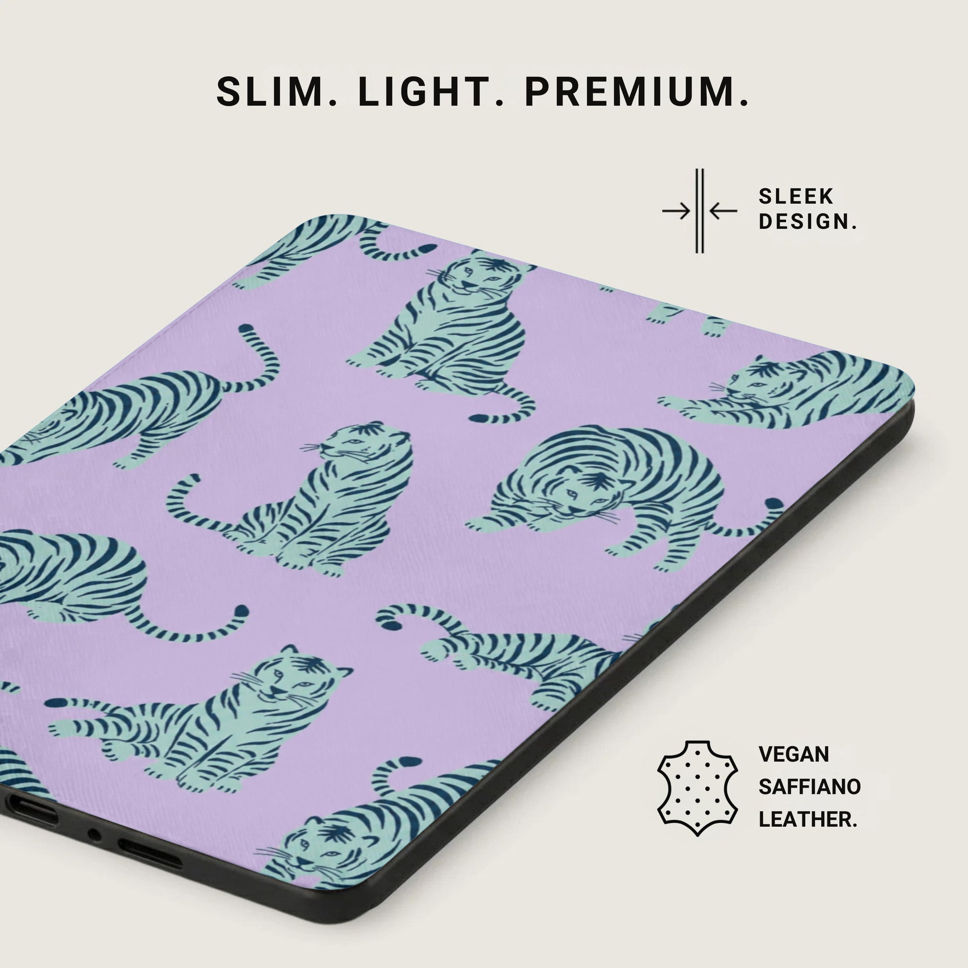 Light purple case with repeating turquoise tiger pattern and text.