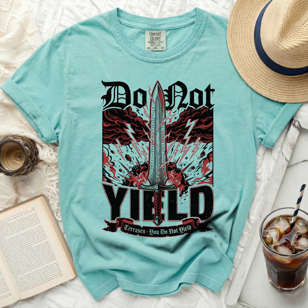 Teal t-shirt with sword graphic, "Do Not YIELD", and "Terrasen - You Do Not Yield".