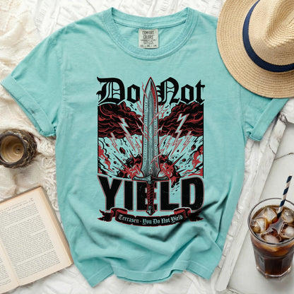 Teal t-shirt with sword graphic, "Do Not YIELD", and "Terrasen - You Do Not Yield".