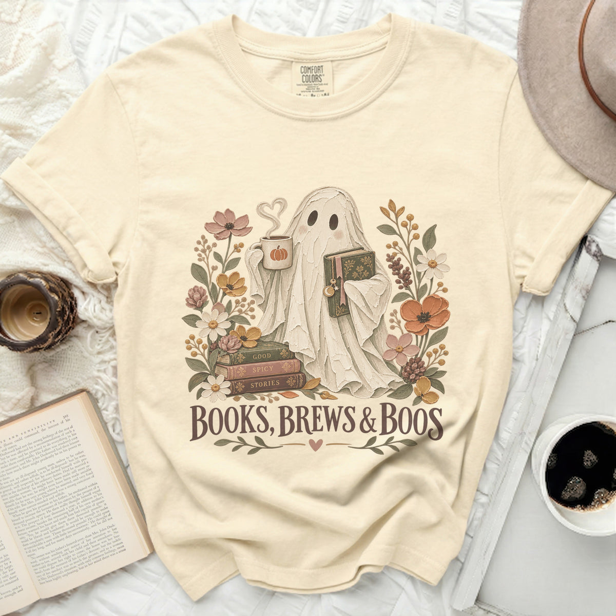 Ghost holding coffee and book with text "Books, Brews & Boos".