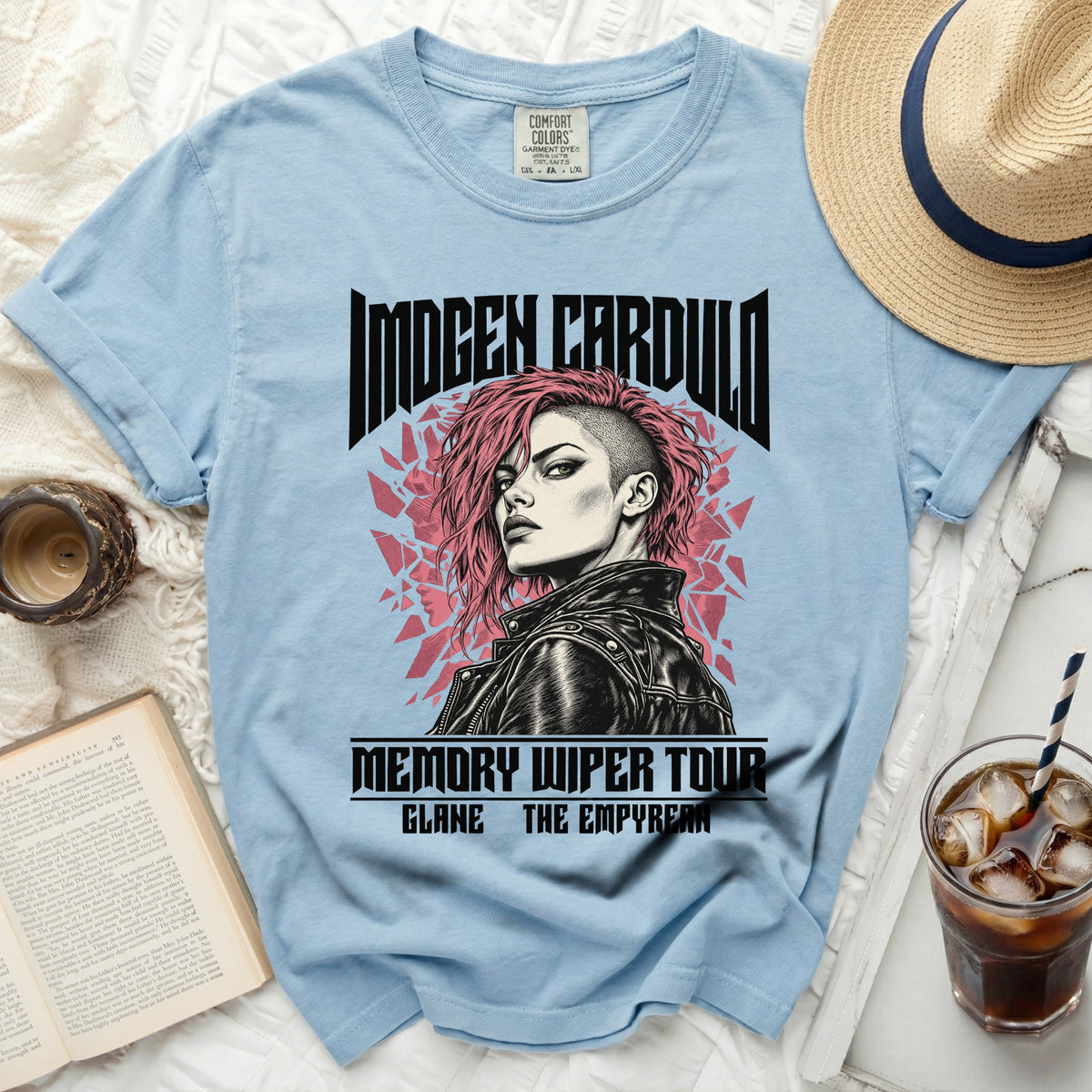 Light blue t-shirt with "Imogen Cardulo Memory Wiper Tour" graphic.