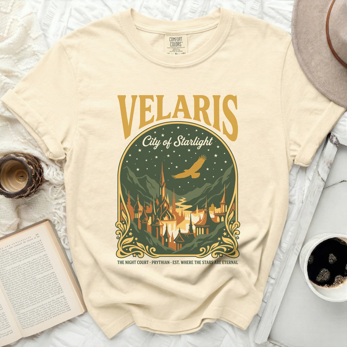 Velaris City of Starlight t-shirt featuring a castle and eagle design.