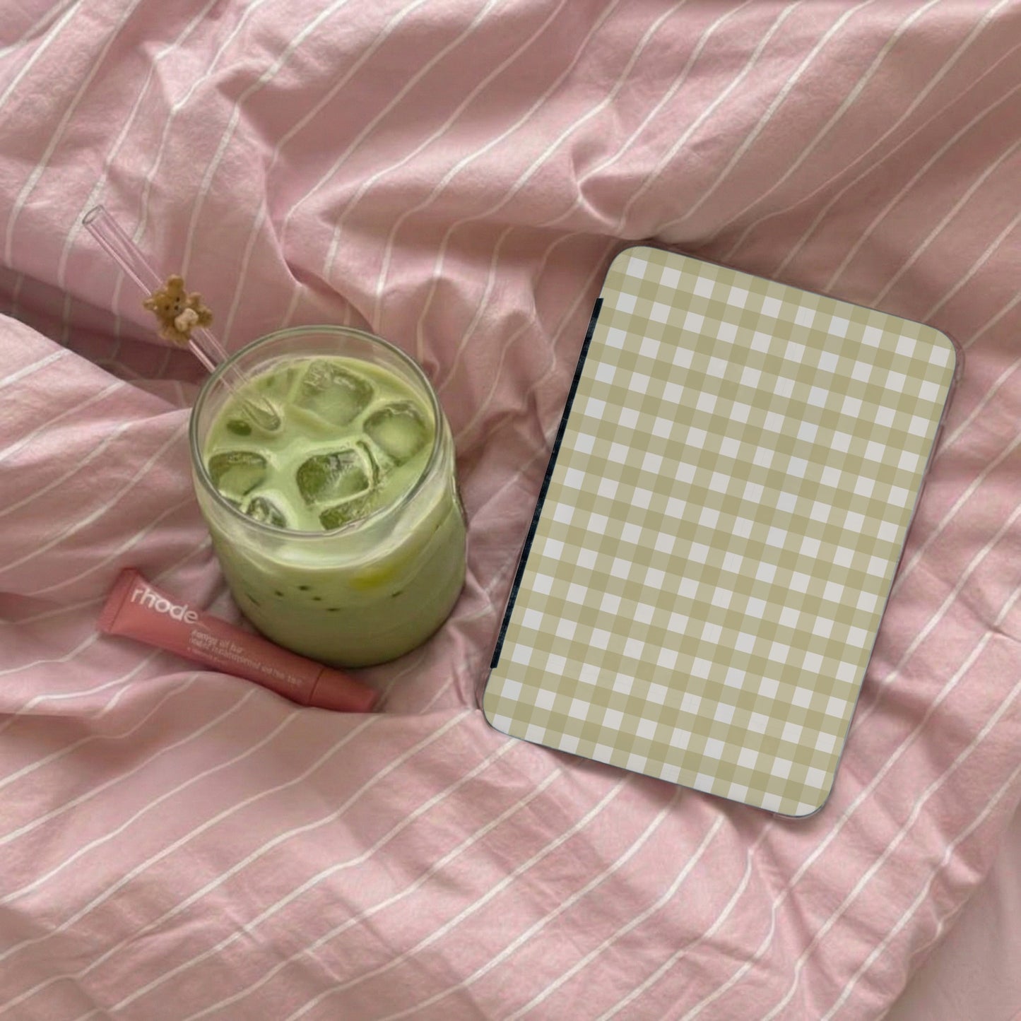 Beige Checkered iPad Case with Ice Matcha Flatlay