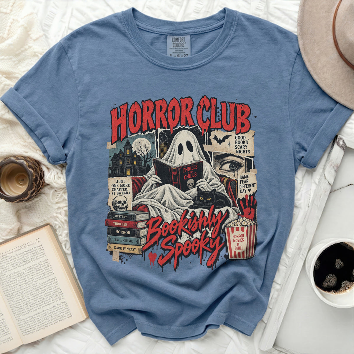 Blue t-shirt with "Horror Club" and a ghost reading "Bookishly Spooky".