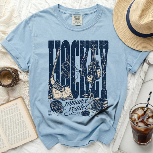 Light blue t-shirt with distressed "Hockey Romance Reader" graphic.