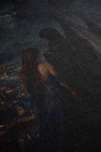 a woman with long, flowing hair standing in a dark, moody setting, with a cityscape visible in the background.