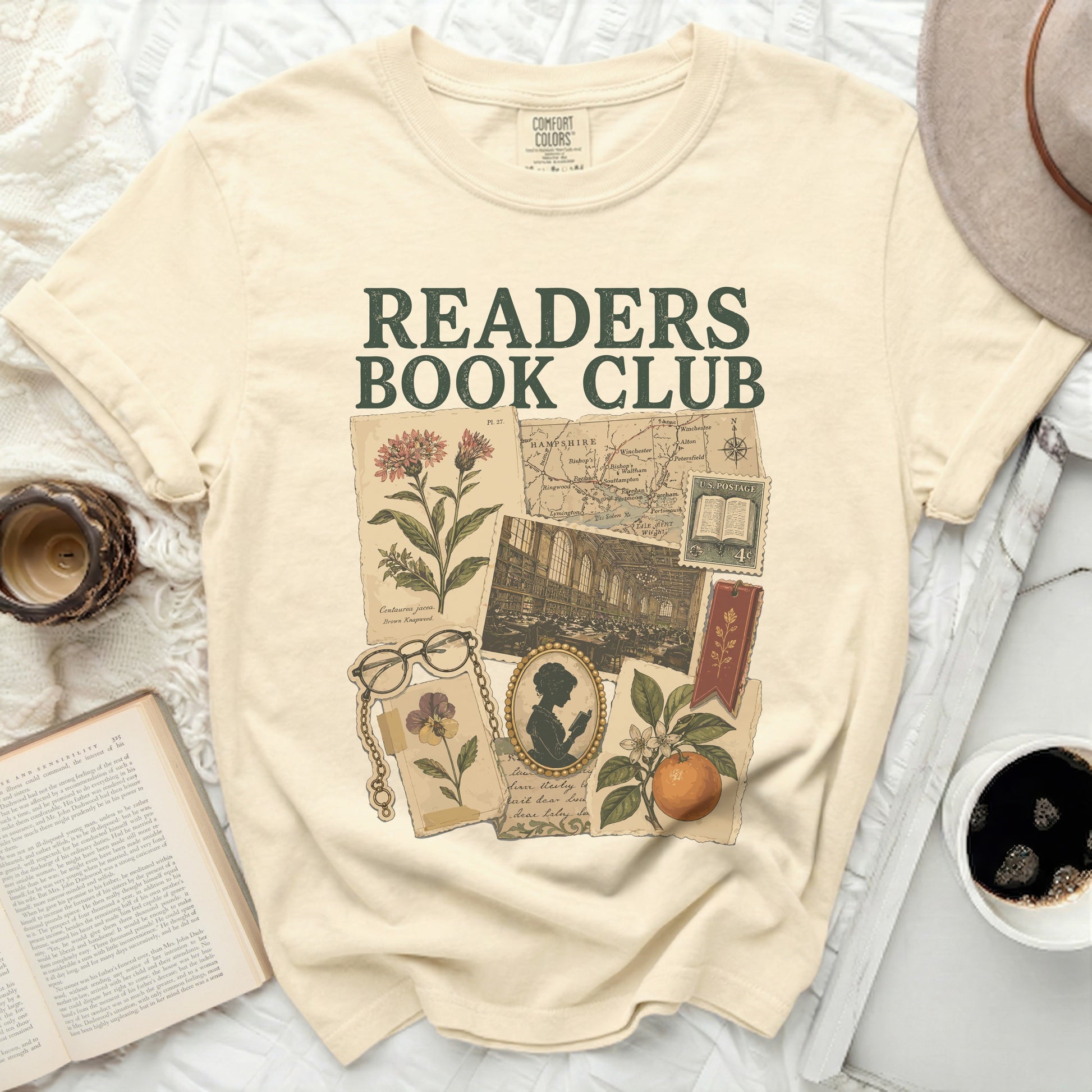 Cream t-shirt with "Readers Book Club" text and vintage botanical illustrations.