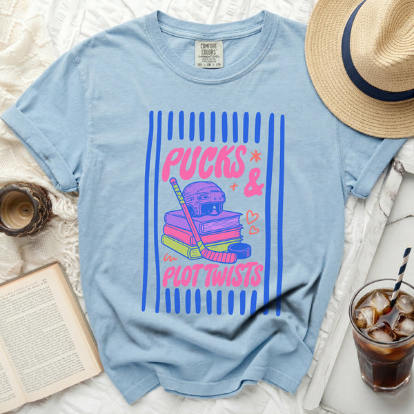 Pucks & Plot Twists Reading Nook Tee in Chambray