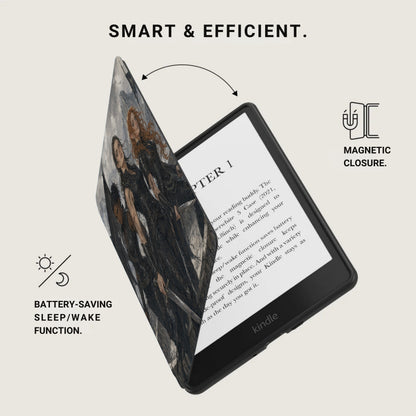 Kindle device with a cover featuring artwork and text about smart features.