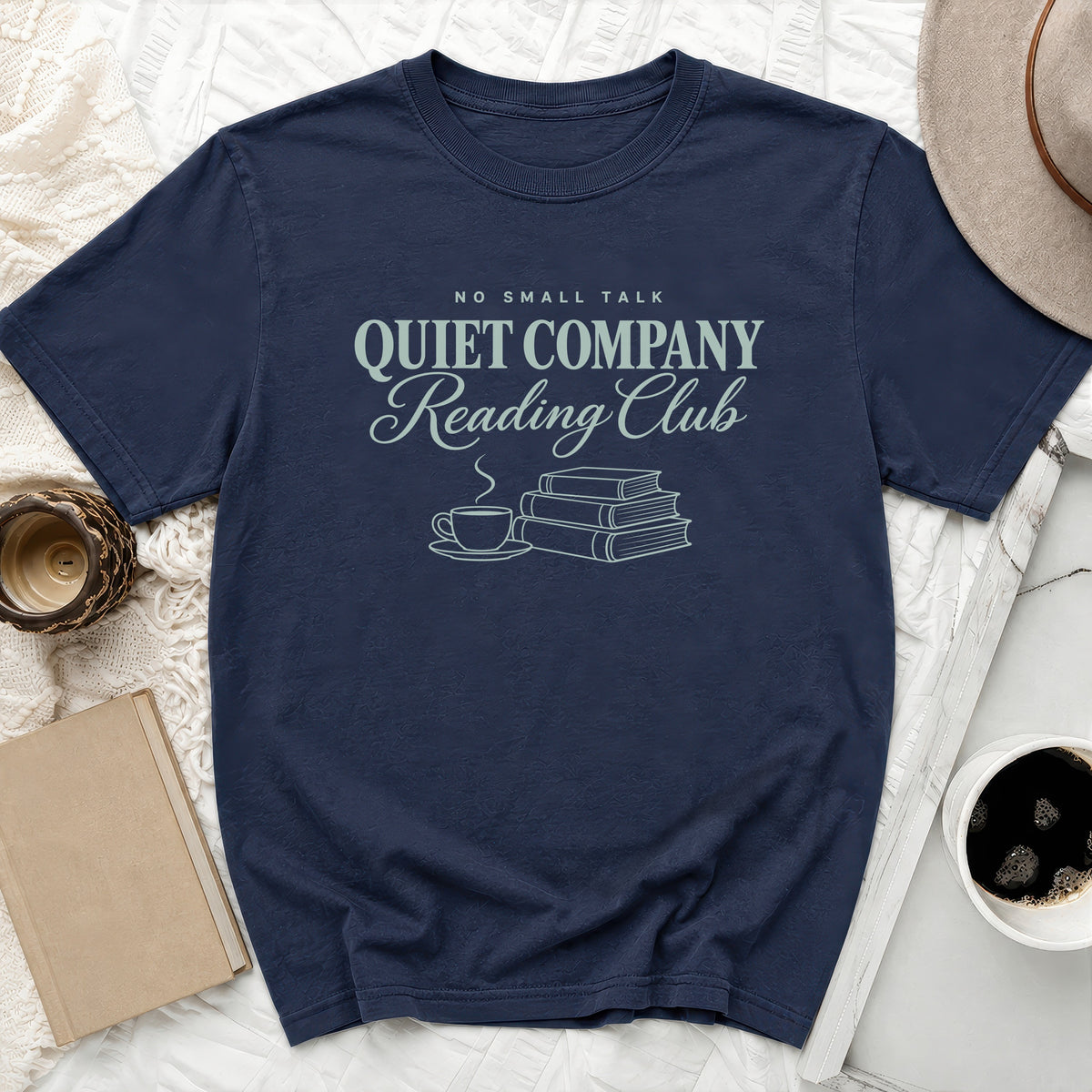 Navy t-shirt with "No Small Talk Quiet Company Reading Club" text and book illustration.