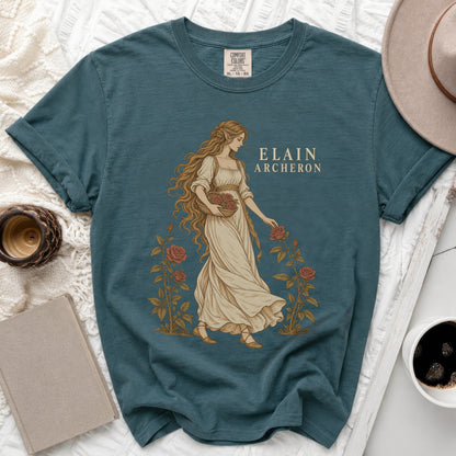 Teal t-shirt with "Elain Acheron" and woman with roses illustration.