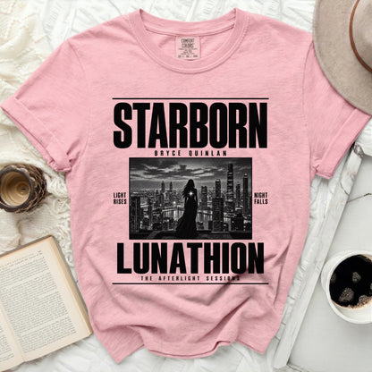 Pink t-shirt with "STARBORN BRYCE QUINLAN LUNATHION THE AFTERLIGHT SESSIONS" text.