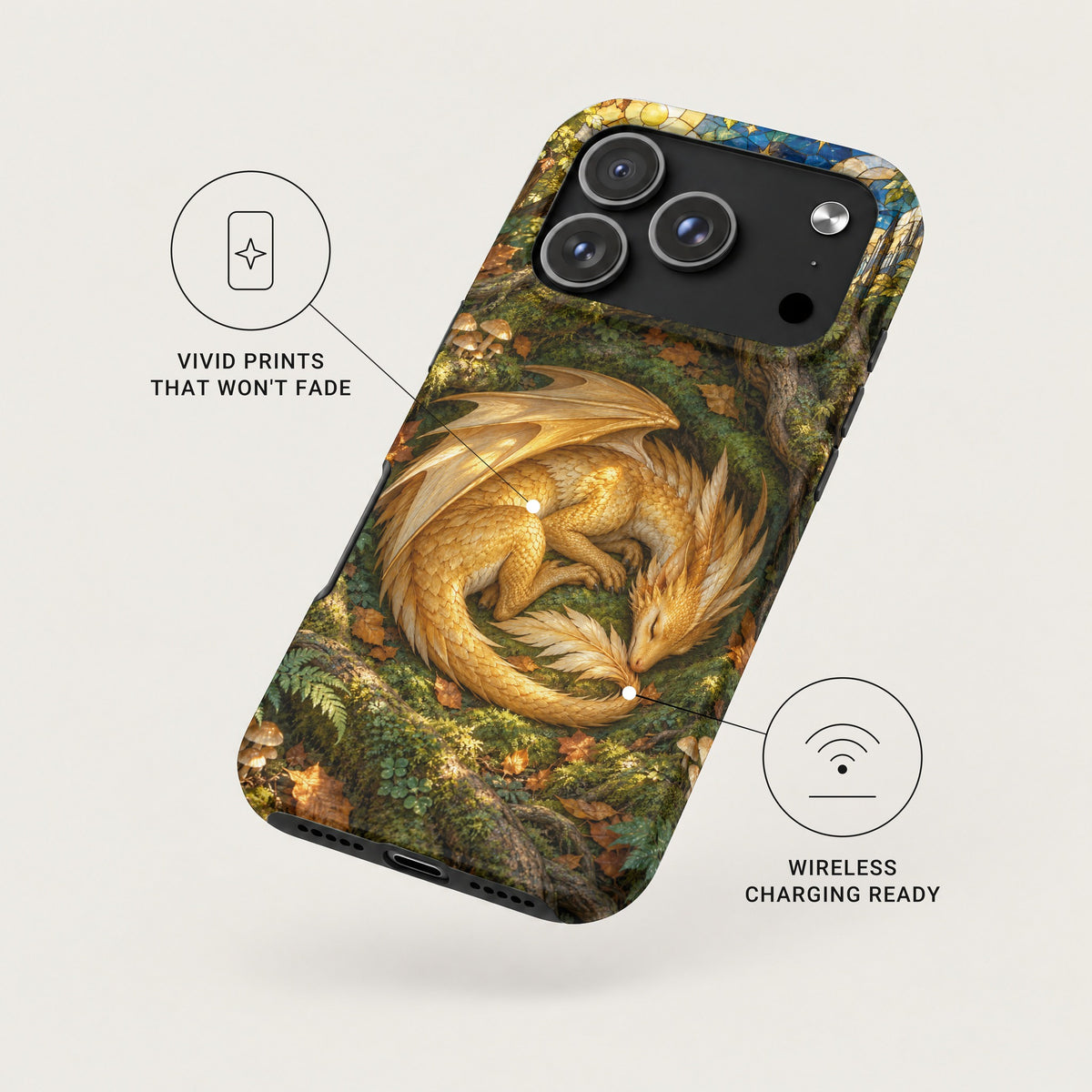 A phone case features a golden dragon sleeping in a forest, with callouts for vivid prints and wireless charging.