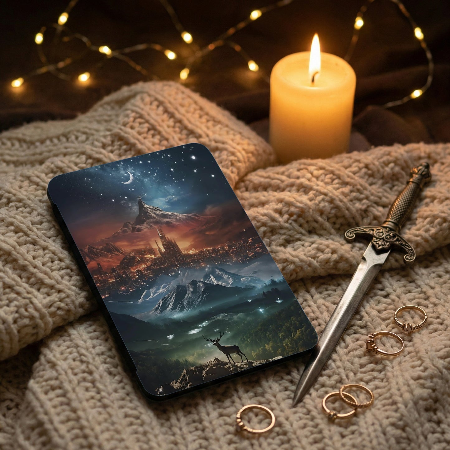 Mystical Night Sky City Deer Mountains Forest product