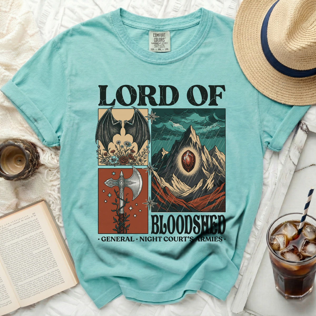 Lord of Bloodshed shirt with dragon, axe, and mountain gem graphics.