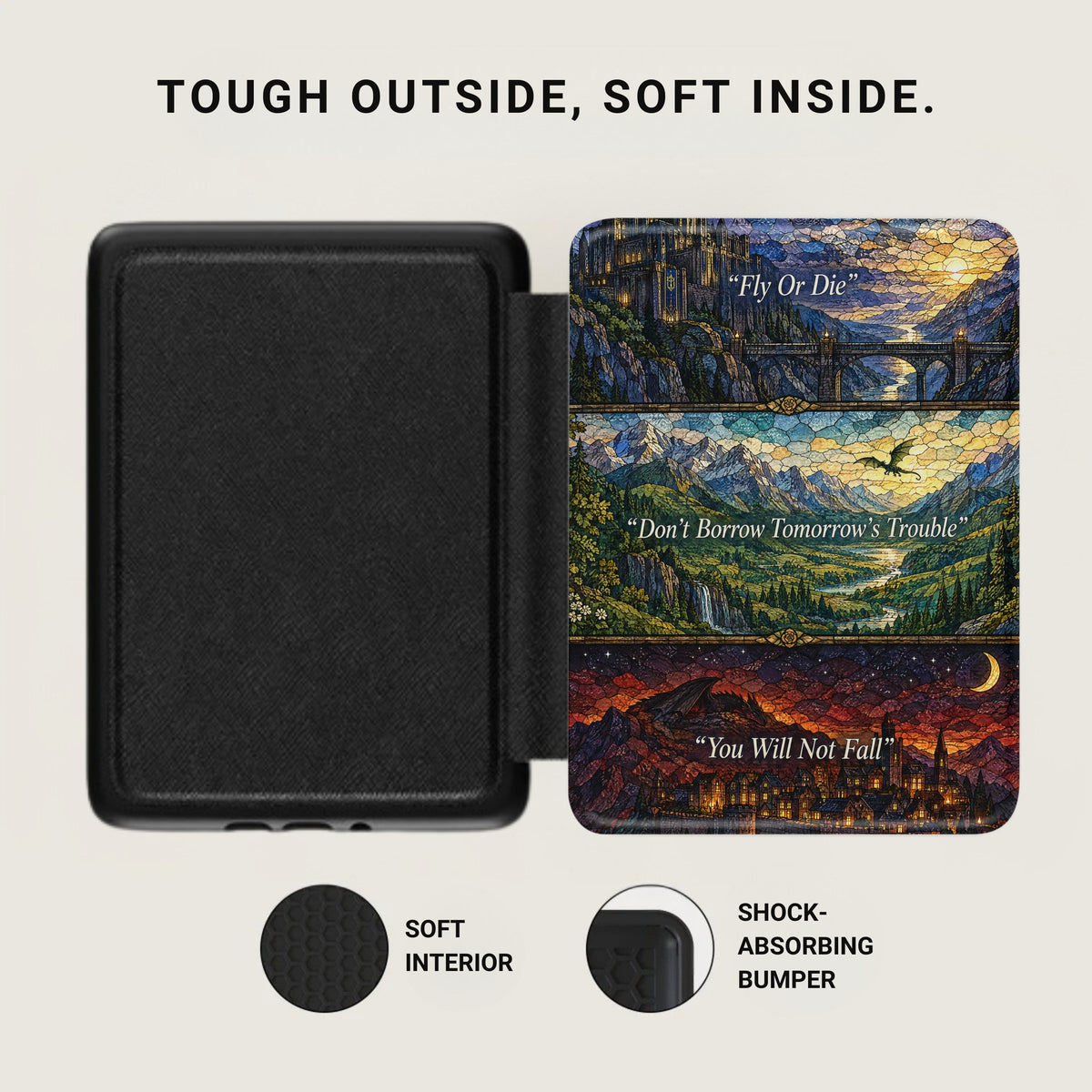 Black e-reader case open with a fantasy stained glass design on the front cover and text highlights.