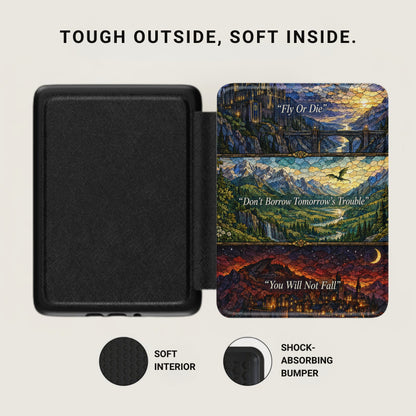 Black e-reader case open with a fantasy stained glass design on the front cover and text highlights.