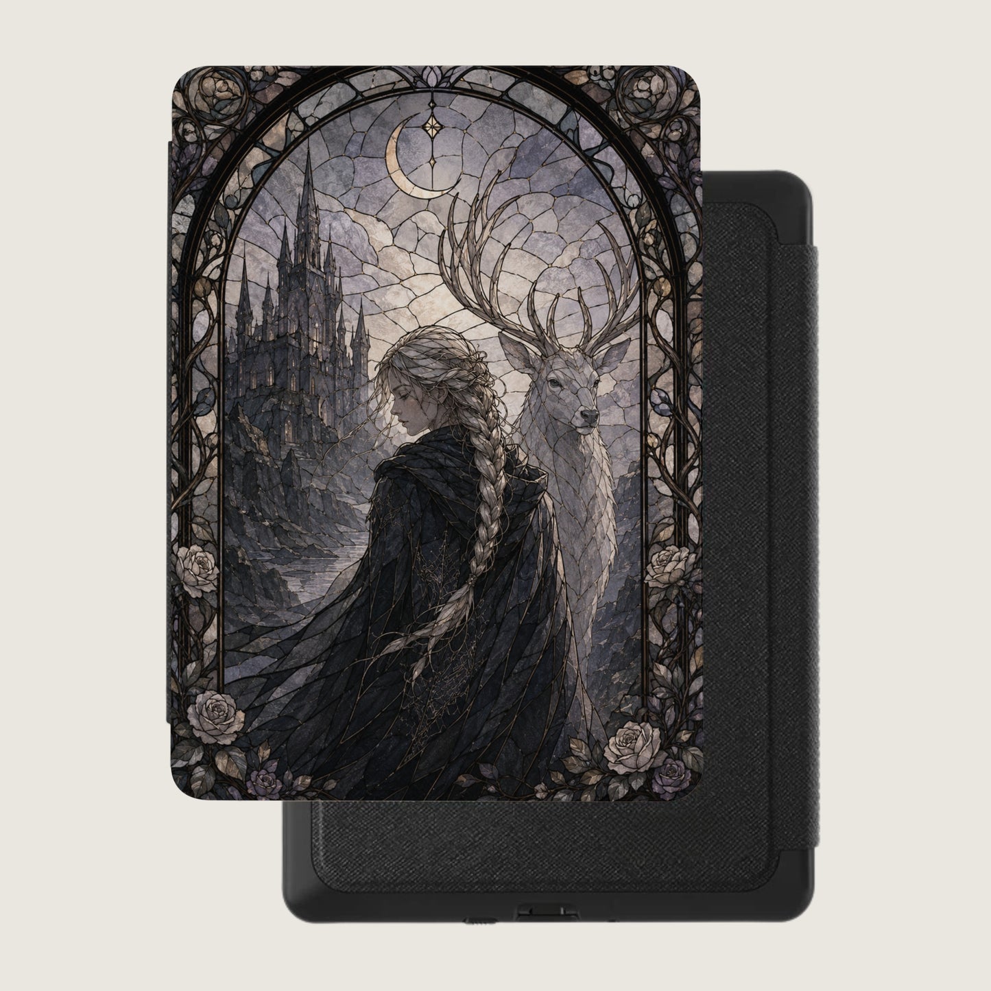 Stained glass art featuring a woman and stag in front of a castle under a crescent moon.