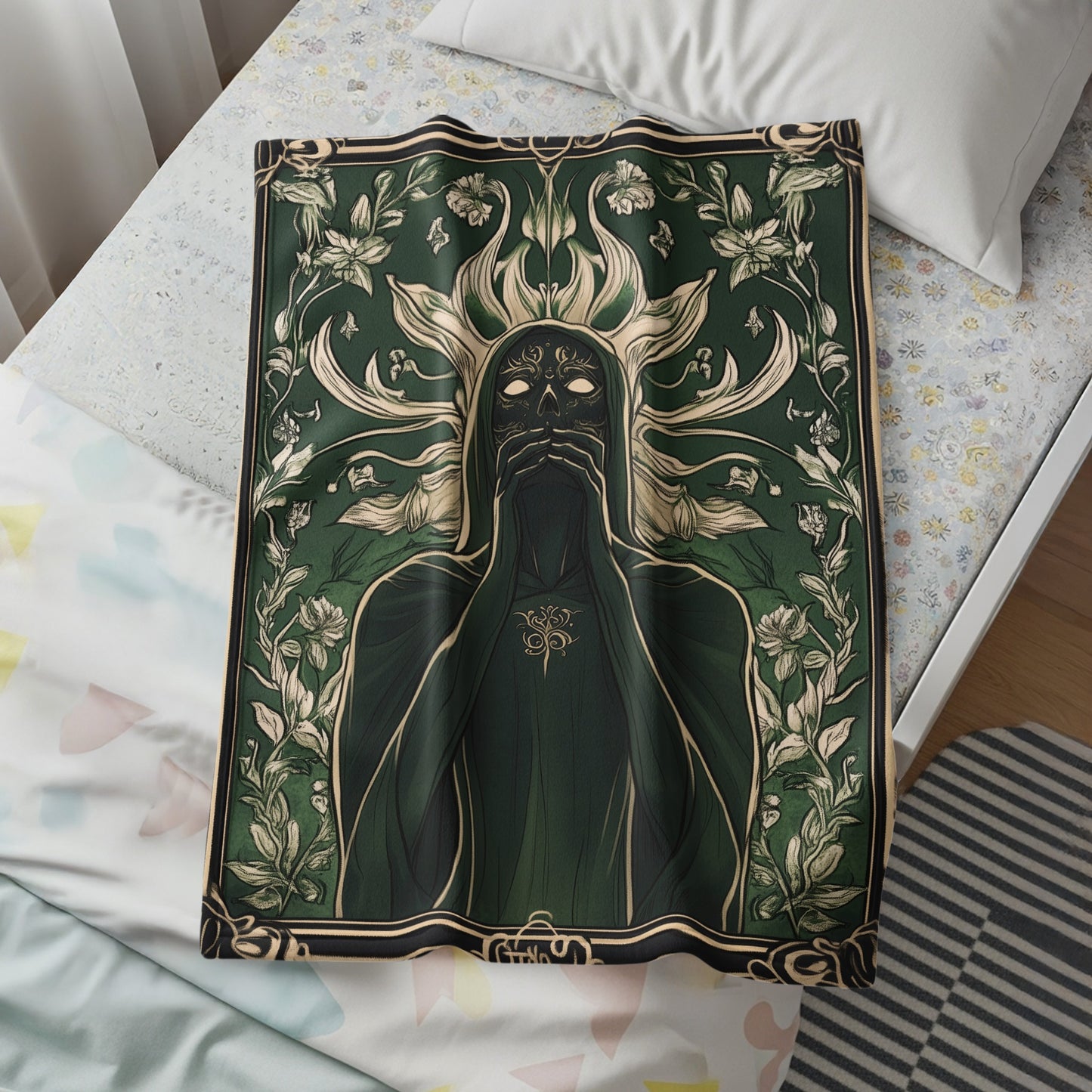 Enigmatic Figure in Floral Motif Warm Cozy Cover