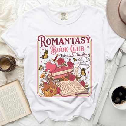 White t-shirt with "Romantasy Book Club Fairytale Retelling" graphic.