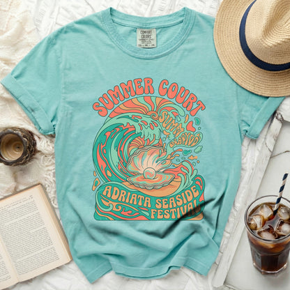Aqua t-shirt with "Summer Court Adriata Seaside Festival" seashell graphic.