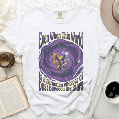 White t-shirt with purple and gold cosmic design and text.