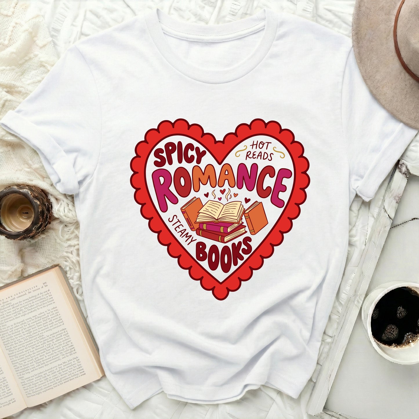 Spicy Romance Hot Reads Steamy Books Graphic product type
Spicy Romance Hot Reads Steamy Books Book Lover Reader Shirt Bibliophile Gift Romance Novels Bookworm Tee Literary Shirt Novel Fan Reading Gift Cozy Reading Bookish Apparel Heart Design Graphic Tee Women's Shirt White Shirt Valentine's Gift Romance Book Fan Avid Reader
