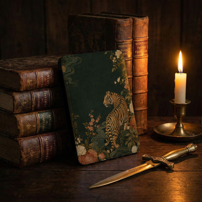 Dark green notebook with tiger and floral art, antique books, candle, and dagger.