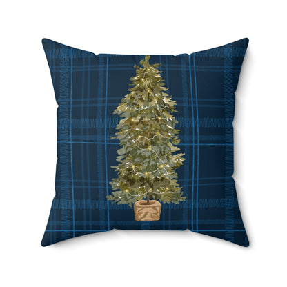 Christmas Tree Design, Plaid Blue Holiday Throw Pillow