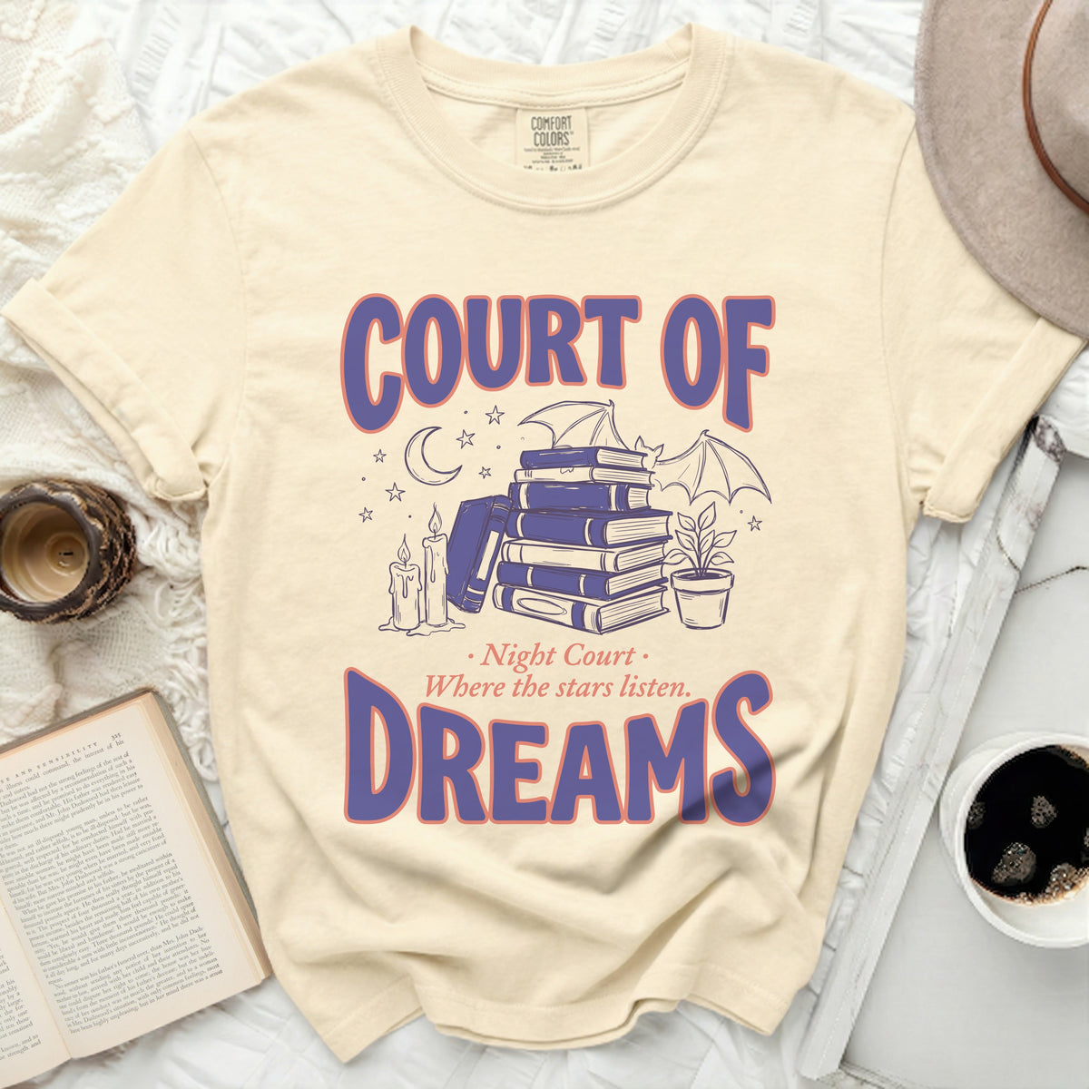 Court of Dreams, Night Court, where the stars listen, on a cream t-shirt.